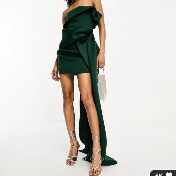 ASOS Design one shoulder structured mini dress with train detail in forest green ASOS Design one shoulder structured mini dress with train detail in forest green